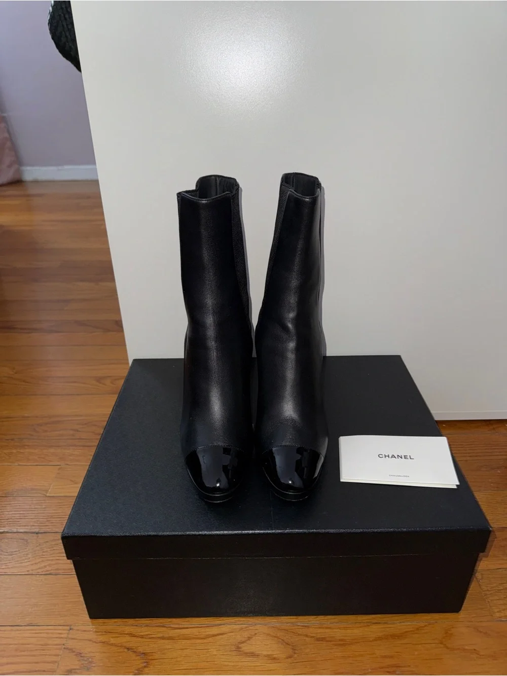 CHANEL Black Leather Mid-Calf Heeled Boots with CC Heel Logo - Picture 2 of 7